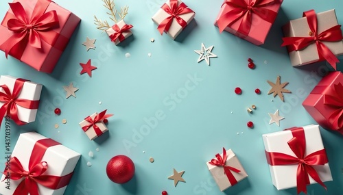 Elegant red ribbon tied gift boxes on seamless background, ribbon, tileable