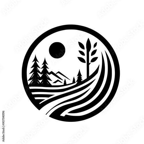Minimalist Black and White Nature Logo: Fields, Mountains, Trees, Sun
