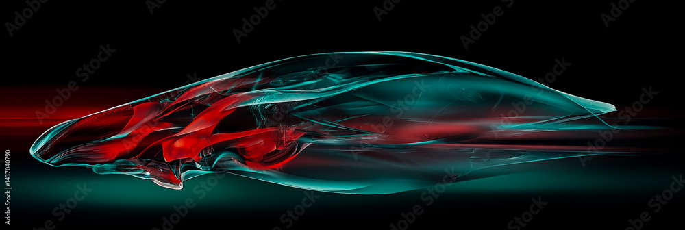 Obraz premium Futuristic abstract shapes with fluid lines, soft edges, and glass-like effects, featuring a red and blue color palette, set against a dark, gradient background.