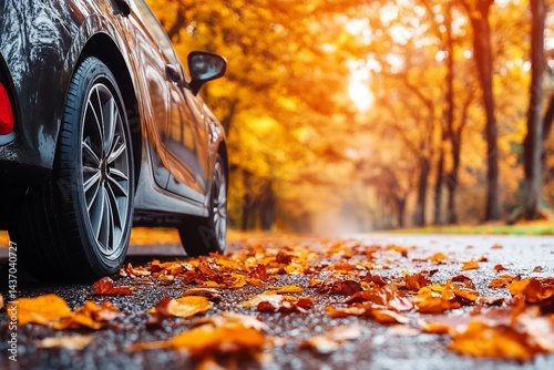 Car on asphalt road on autumn day at park. Colored leaves lying under the wheels of the vehicle.