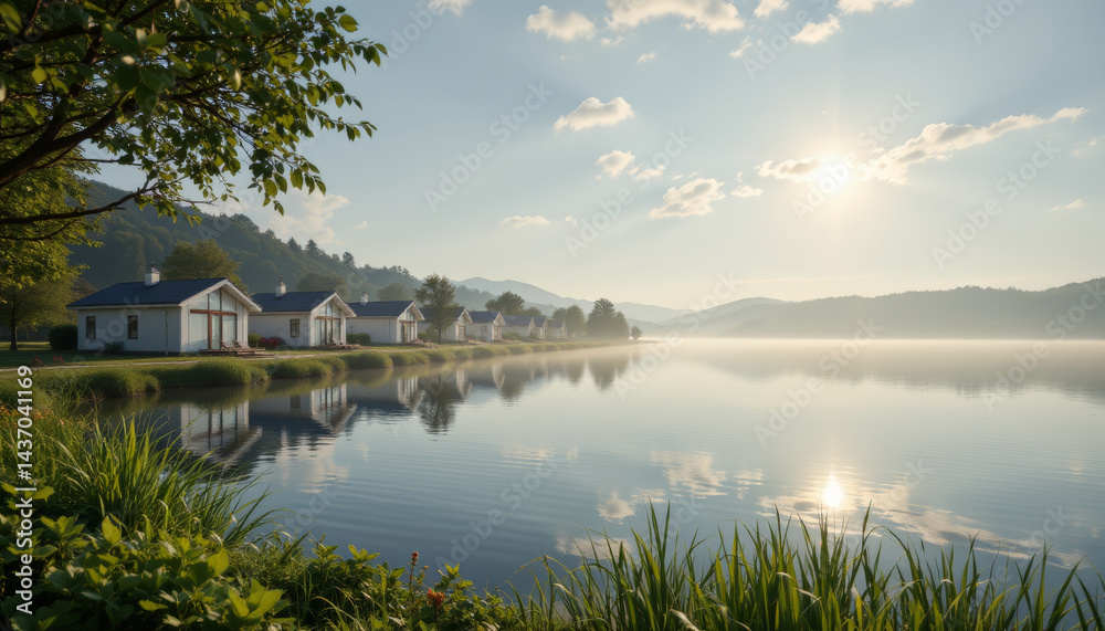 Obraz premium Tranquil lakeside scene featuring charming houses along water edge, surrounded by lush greenery and misty mountains in background. soft morning light creates serene atmosphere