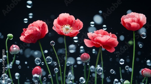 Radiant Red Poppies in a Watery Dance on black background photo