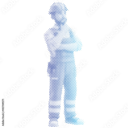 A worker wearing a hard hat is standing watching the work in halftone during labor day.