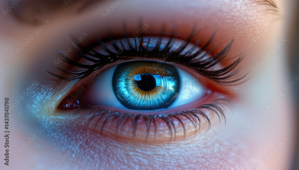 Close up view of human eye showcasing vibrant blue and amber colors, with detailed eyelashes and glistening surface, evoking sense of wonder and curiosity Close up view of human eye showcasing vibrant blue and amber colors, with detailed eyelashes and glistening surface, evoking sense of wonder and curiosity