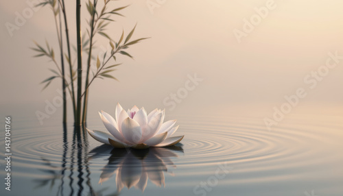 Tranquil scene featuring beautiful white lotus flower floating on calm water, surrounded by gentle ripples and soft bamboo stalks in background, evoking sense of peace and serenity