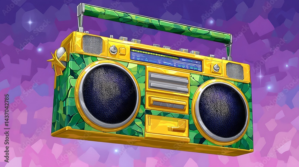 Obraz premium A retro-style boombox with a gold and green design, floating against a starry purple background
