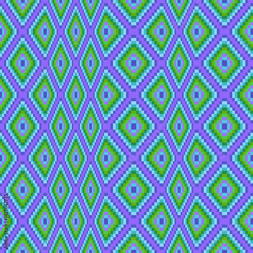 Seamless pattern with colorful. Abstract green and blue diamond shapes with stretched shapes on a purple background.