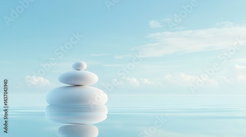 Stacked white stones on calm water reflecting sky.