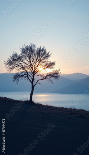 Solitary tree stands against serene backdrop of mountains and tranquil lake, illuminated by soft glow of setting sun. scene evokes sense of peace and reflection
