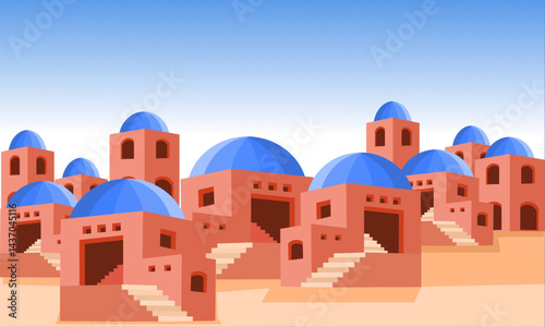 Isometric architecture landscape background vector illustration. Ancient building warm color landscape background for Wallpaper, Advertising, banner, travel poster, postcard, booklet, flyer, art print