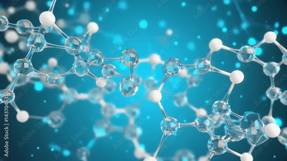 Abstract 3D rendering of molecular structure, glowing, cyan background