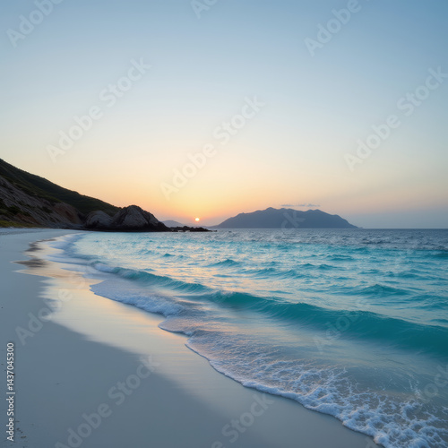 Tranquil beach scene at sunset, featuring gentle waves lapping at shore, with backdrop of distant mountains and soft gradient sky. serene atmosphere evokes sense of peace and relaxation