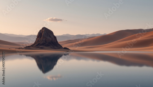 Tranquil desert landscape featuring prominent rock formation surrounded by calm water, reflecting serene beauty of nature. soft hues of sand dunes and distant mountains create peaceful atmosphere