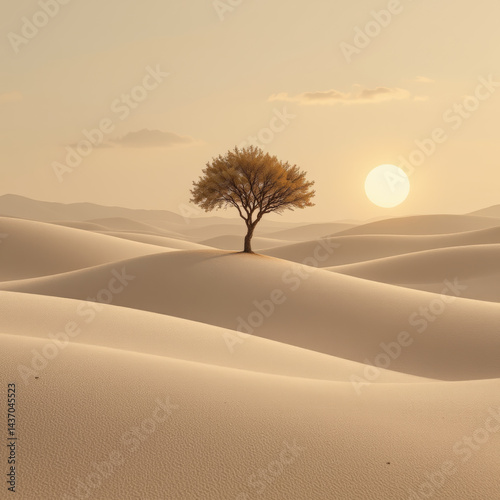 Solitary tree stands gracefully in vast desert landscape, surrounded by gentle sand dunes under warm sunset. scene evokes tranquility and solitude, highlighting beauty of nature