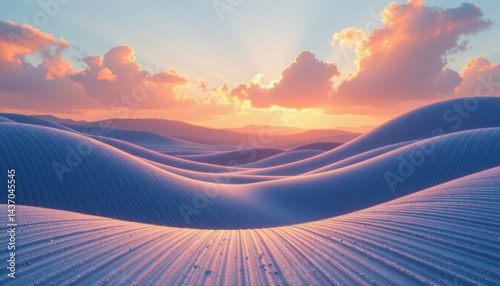 Serene desert landscape at sunset showcases rolling sand dunes illuminated by warm hues of orange and pink, creating tranquil and picturesque scene