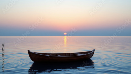 Serene wooden boat floats gently on calm waters at sunset, reflecting warm hues of sky. tranquil scene evokes sense of peace and relaxation