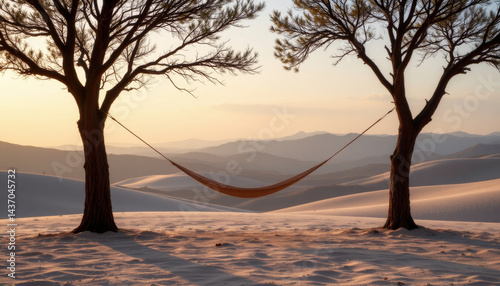 Tranquil scene featuring two trees framing hammock, set against backdrop of rolling sand dunes and distant mountains during sunset. warm light creates peaceful atmosphere