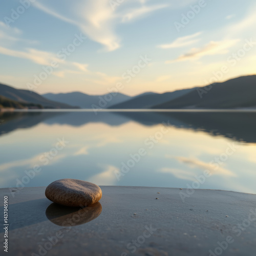 Tranquil scene featuring smooth stone resting on calm surface, reflecting serene landscape of mountains and sky. peaceful atmosphere evokes sense of relaxation and harmony