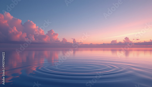 Serene landscape featuring calm water reflecting colorful sky at sunset, with gentle ripples creating peaceful atmosphere. clouds are soft and fluffy, enhancing tranquil scene