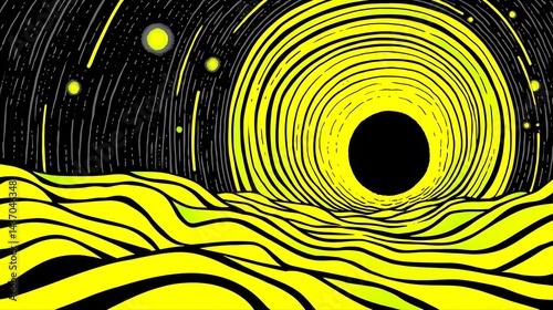 A black hole in a yellow starry sky over a wavy landscape