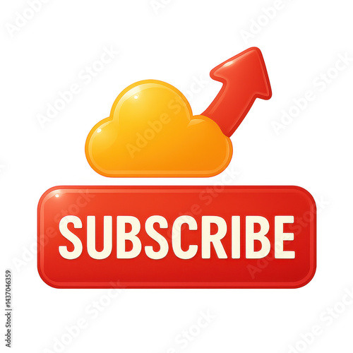 Red subscribe button with yellow cloud and red arrow transparent background