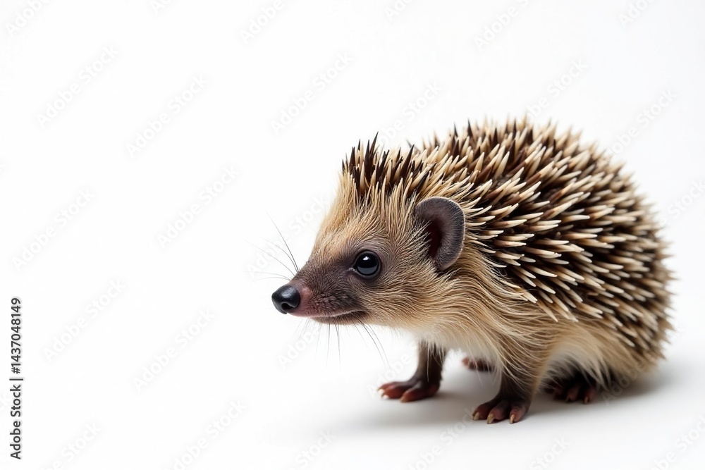 Fototapeta premium Close-up of a single hedgehog against a stark white backdrop, pet, pattern, background