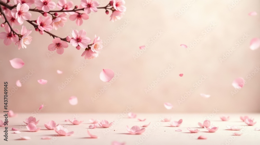 Fototapeta premium Delicate Pink Blossoms Falling Gracefully onto a Soft Surface, Evoking a Sense of Tranquility and Springtime Renewal