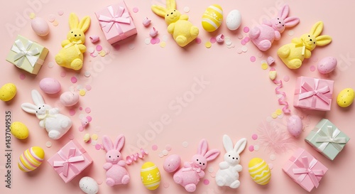 Celebrate Easter festivities top view arrangement showcasing colorful decorations like gift boxes confetti Easter bunnies pastel pink yellow white eggs scattered isolated pastel pink leaving blank