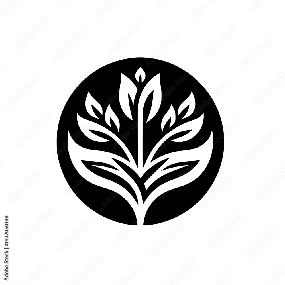 Obraz premium Minimalist Plant Logo: Black Circle Design, White Leaves