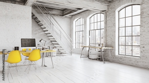 Loft office workspace, city view, stairs, desk, chairs