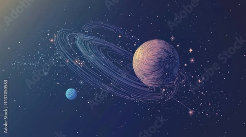 Whimsical cosmic illustration featuring planets, ringed structures and stardust photo