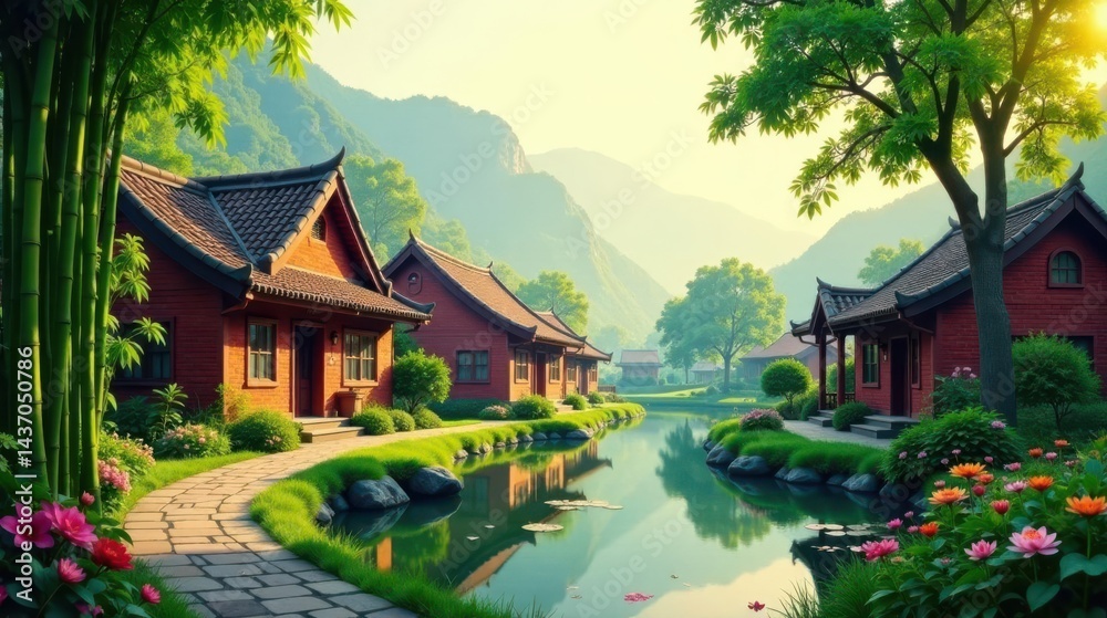 Serene Lakeside Village with Traditional Architecture and Lush Gardens, Reflecting Tranquility in a Picturesque Setting Serene Lakeside Village with Traditional Architecture and Lush Gardens, Reflecting Tranquility in a Picturesque Setting