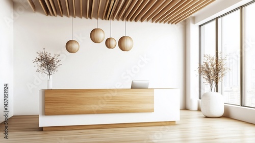 Modern wooden reception desk in bright office lobby