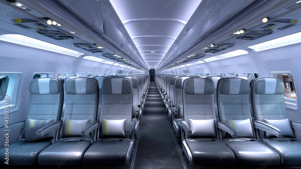 Obraz premium Exploring realistic economy class seats in airplanes aircraft cabin high fidelity images aerial environment interior view aviation concept