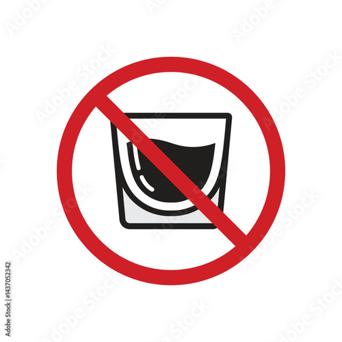 No wineglass icon template. Stop or ban red round sign with wineglass symbol. Alcohol and drugs prohibition sign