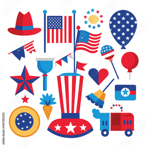 American 4th July parades icon set on white background