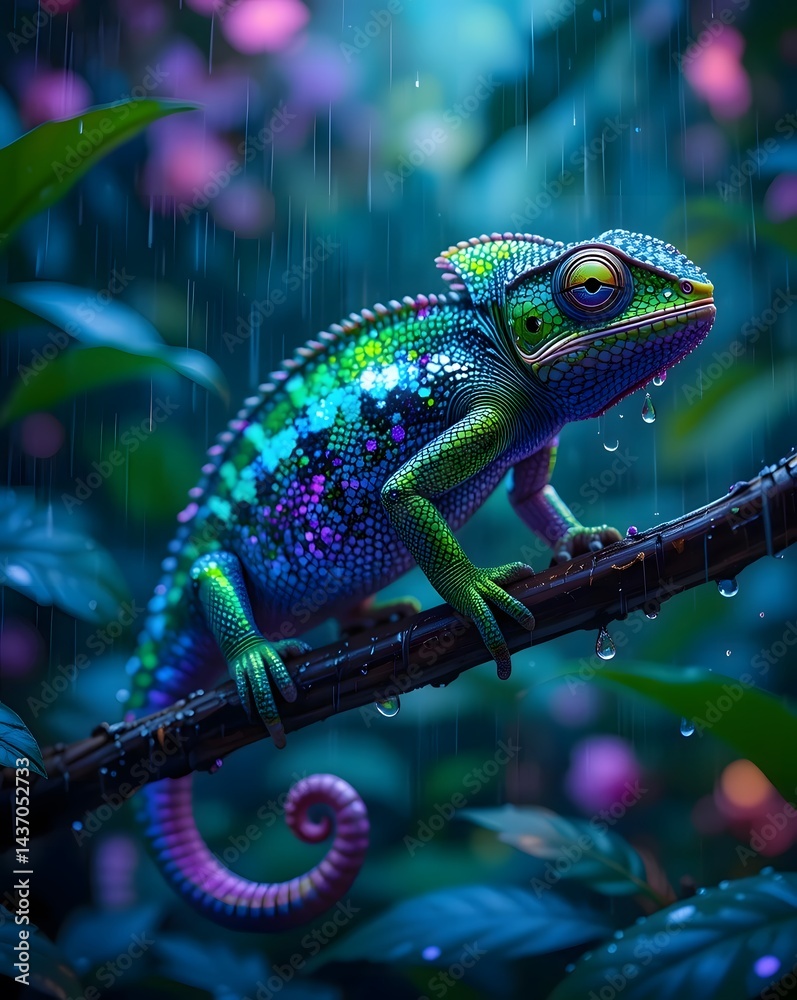 Obraz premium Hyperrealistic cybernetic chameleon changing color in rainforest rain