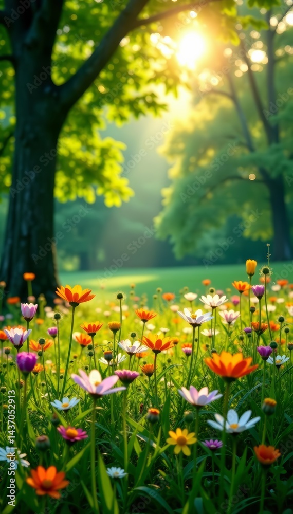 Obraz premium Sunlight filtering through lush green trees onto vibrant flowers in a tranquil meadow, peaceful, trees
