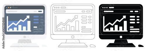 Web analytic information on Computer screen line icon set,trend graphs report concept. statistic charts for planning and accounting, analysis, audit,