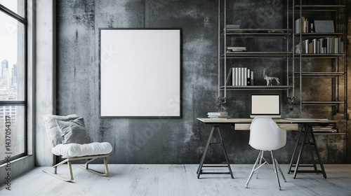 Modern loft office mockup; blank poster, city view