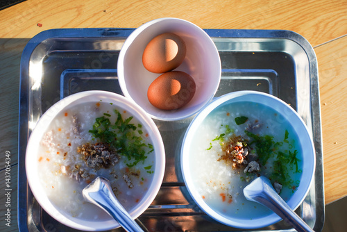 A beautifully presented breakfast of porridge and eggs.
