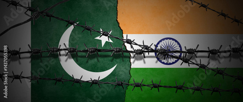 Barbed wires on Indian and Pakistani flags. concept of war between India and Pakistan
