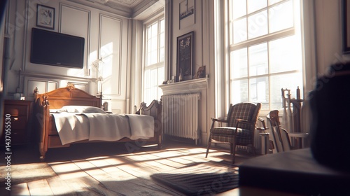 Sunlit Victorian bedroom, city view, morning calm, interior design