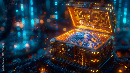 Futuristic treasure chest containing a digital globe.