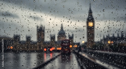 Capture moody melancholic atmosphere abstract showcasing defocused city lights London UK viewed through rain streaked windowpane sharp focus only few droplets due to shallow depth