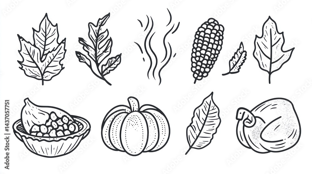Fototapeta premium Thanksgiving food & leaves sketch, autumn harvest, white background, seasonal design