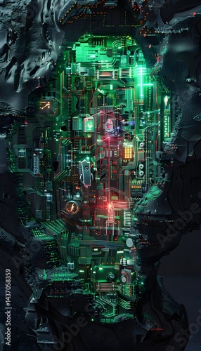 Bird s-eye view of a futuristic megacity built inside a hollowed-out asteroid, neon highways crisscrossing its interior. Cinematic cyberpunk utopia