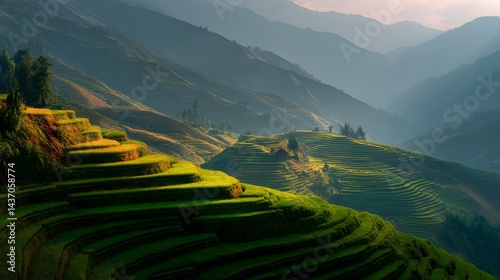 Lush green rice terraces cascade down hillsides under a soft, hazy morning light.