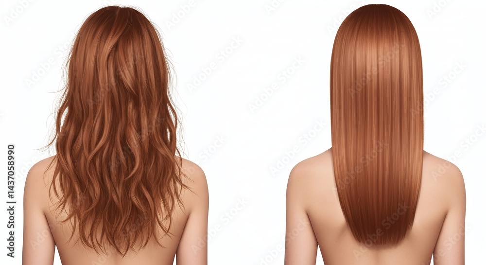 Naklejka premium Hair Transformation Splitscreen Showing Auburn Hair Before and After Treatment from Wavy and Tangled to Smooth and Straight on a Woman's Back in Digital Painting