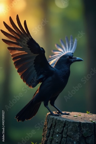 Single crow with outstretched wings in air, dark skies, crows, bird of prey
